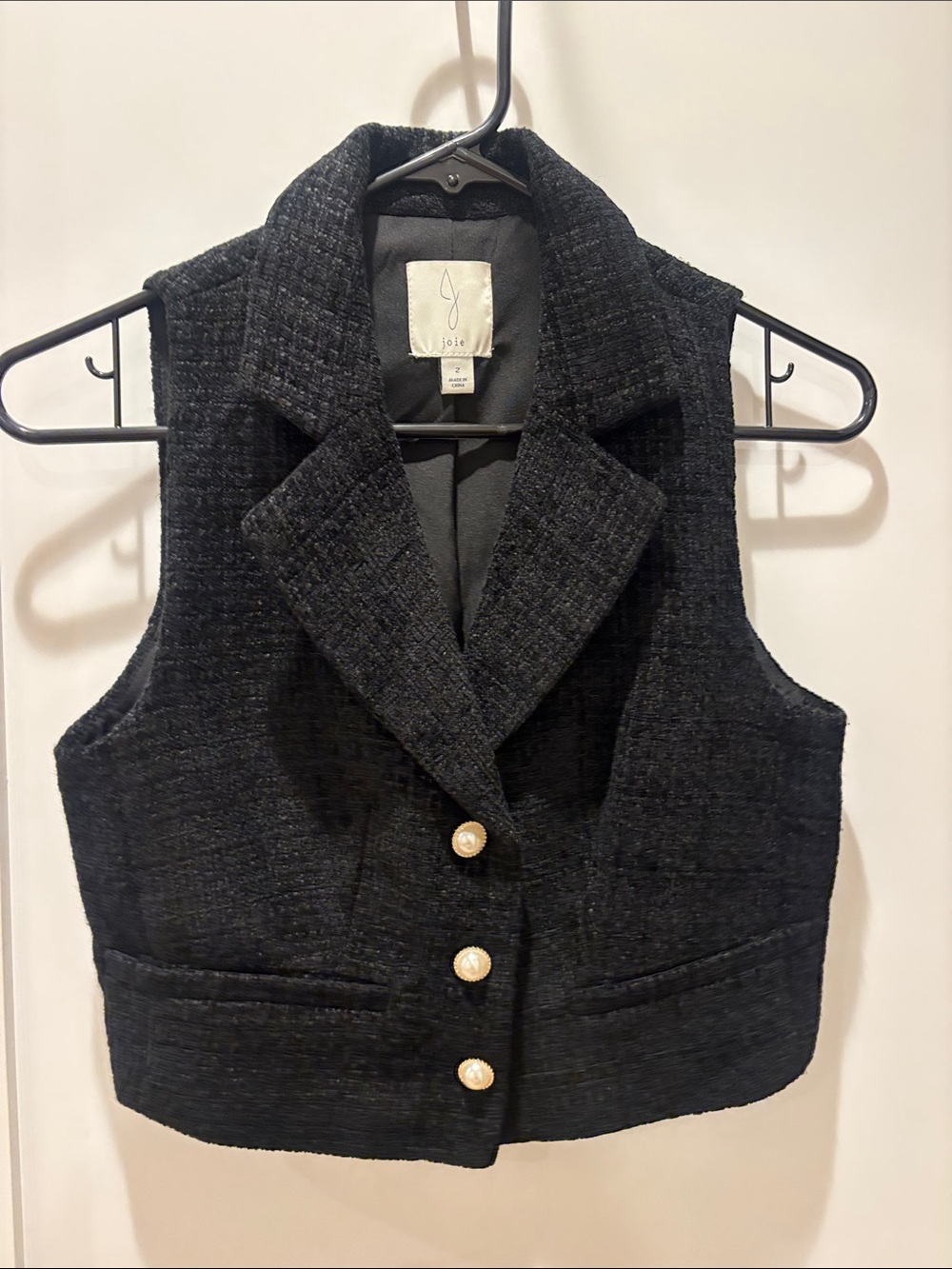 Joie Black Tweed Pearl-Button Vest